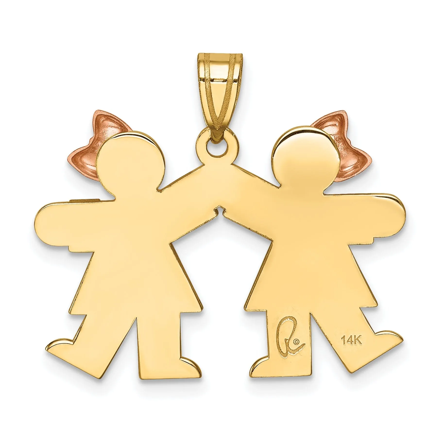 14k Two-tone Small Twin Girls With Bows Kiss Charm