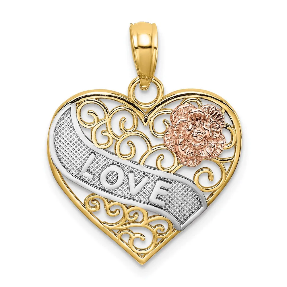 14k Two-tone with White Rhodium LOVE Banner on Filigree Heart Charm