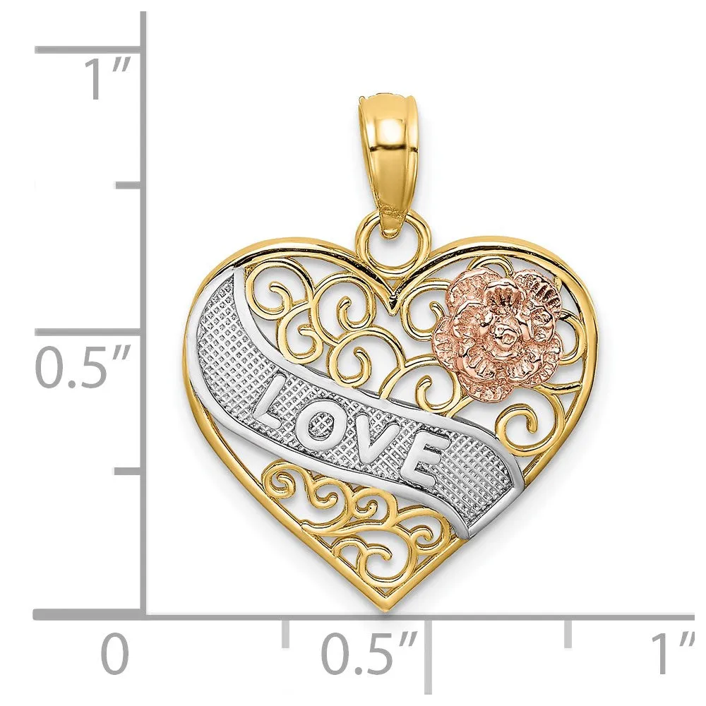 14k Two-tone with White Rhodium LOVE Banner on Filigree Heart Charm