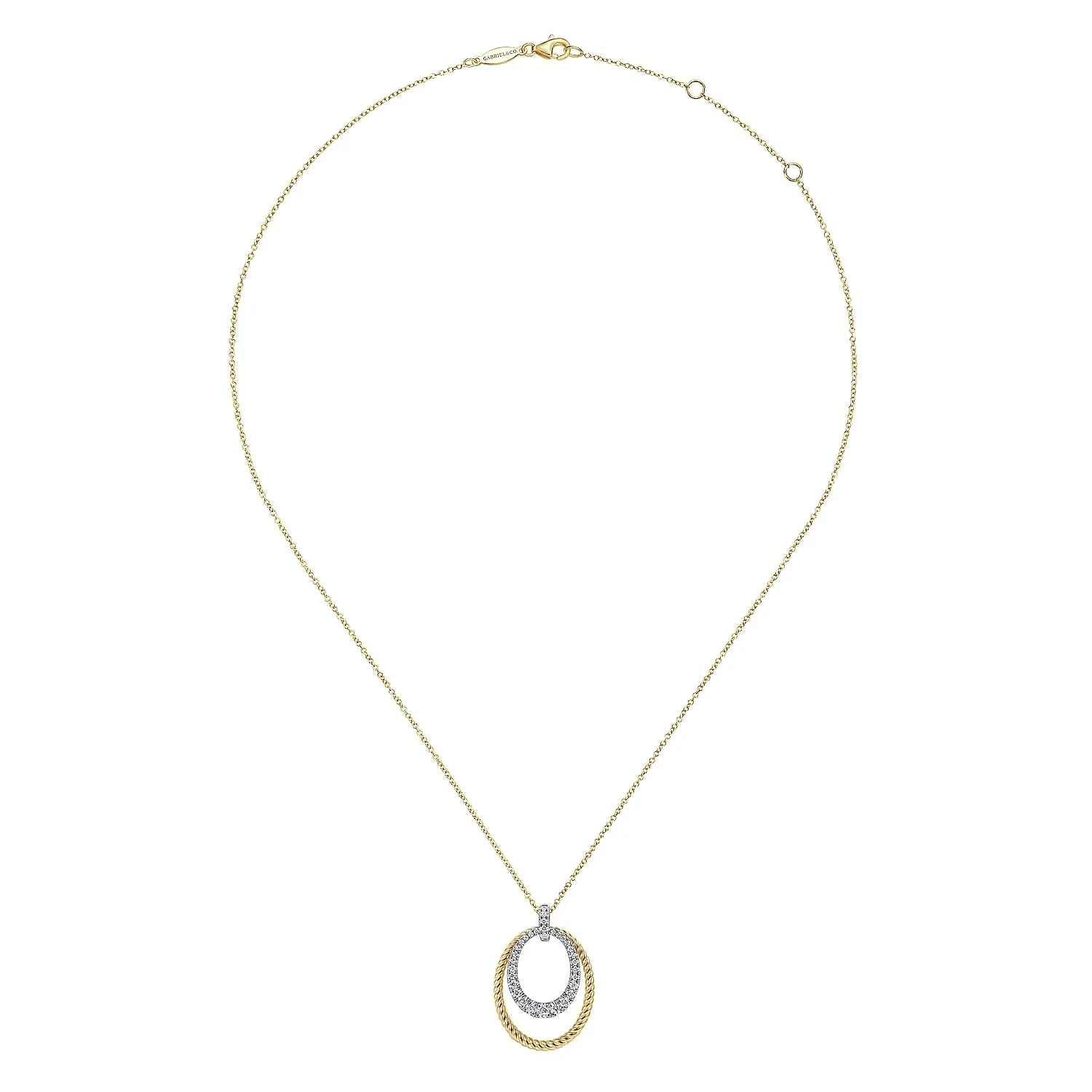 14K White-Yellow Gold Oval Twisted Rope and Pave Diamond Pendant Necklace