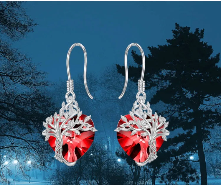 925 Sterling Silver-Heart Tree of Life Dangle Earrings