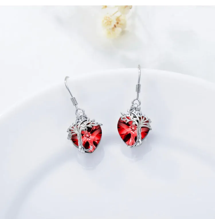 925 Sterling Silver-Heart Tree of Life Dangle Earrings