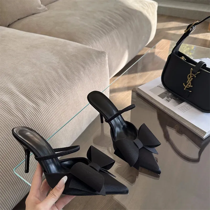 ADVBRIDGE  -  Burgundy Stiletto Heel Pumps Woman Pointed Toe Slingback Shoes Summer Low Heels Bow Dress Shoes Classic Office Ladies Shoes