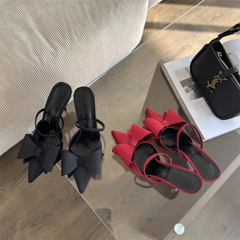 ADVBRIDGE  -  Burgundy Stiletto Heel Pumps Woman Pointed Toe Slingback Shoes Summer Low Heels Bow Dress Shoes Classic Office Ladies Shoes