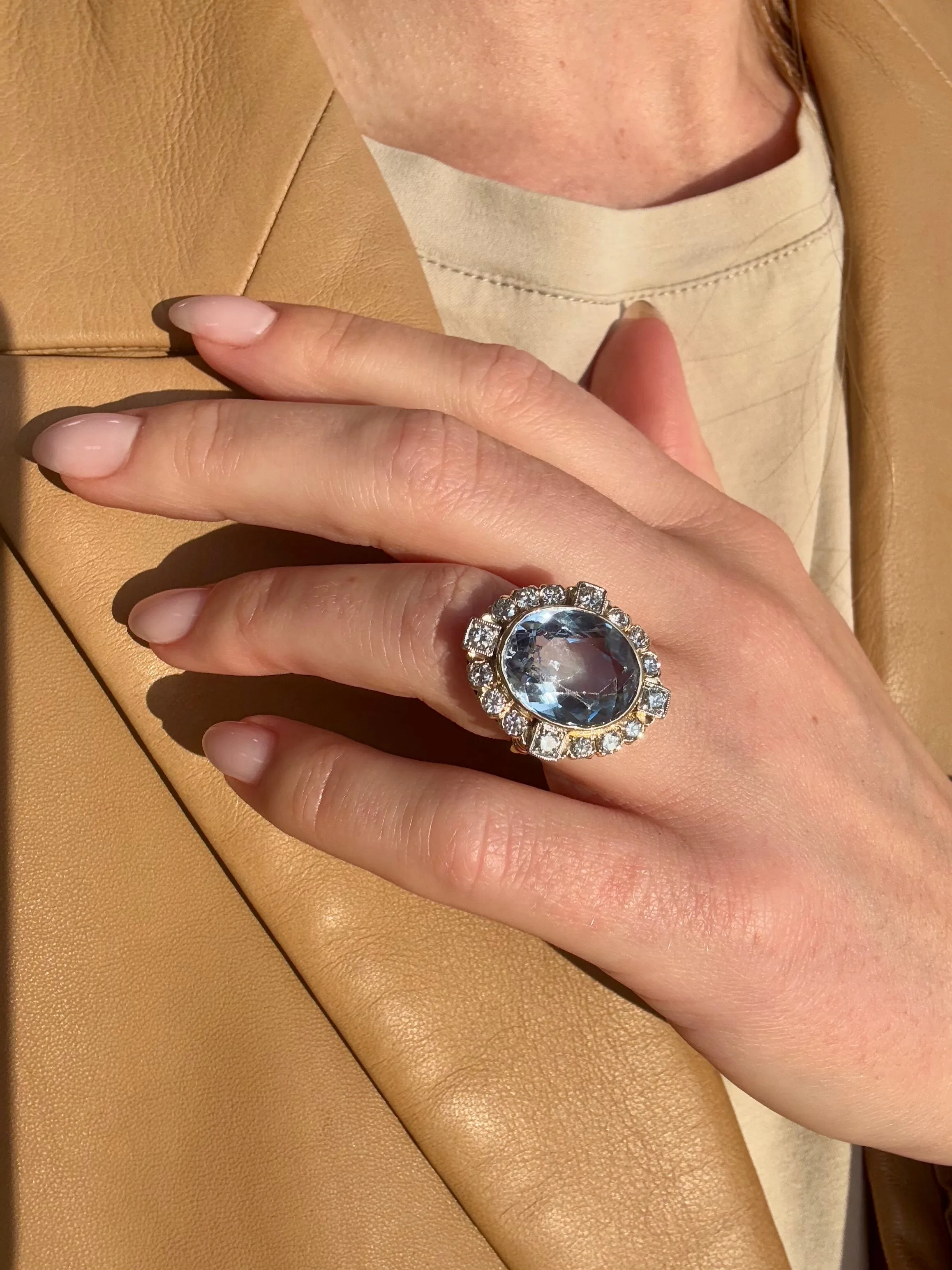 Aquamarine & Diamond Ring, Two Tone 14k & Platinum