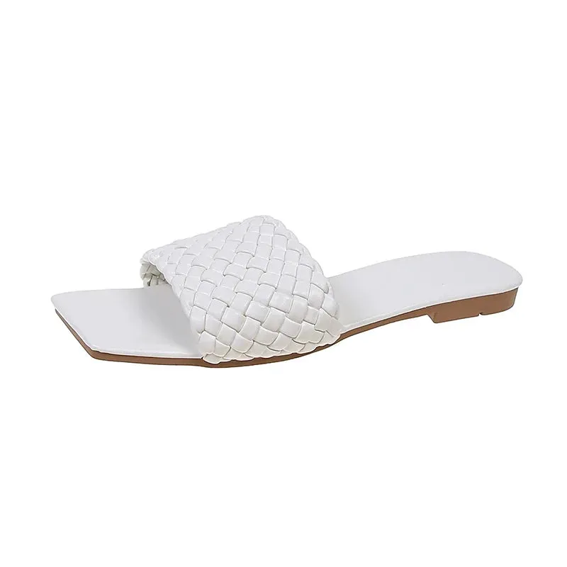 Braided Red Square Toe Flat Flip-Flops Fashion Beach Mules Casual Indoor Home Slippers