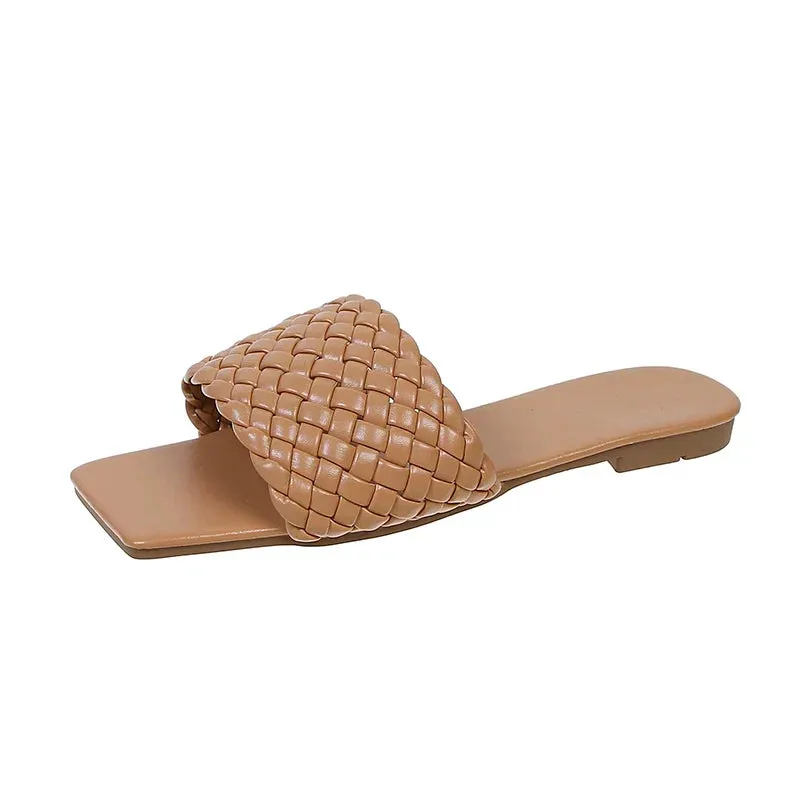 Braided Red Square Toe Flat Flip-Flops Fashion Beach Mules Casual Indoor Home Slippers
