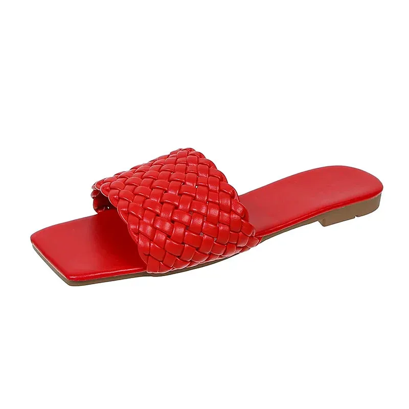 Braided Red Square Toe Flat Flip-Flops Fashion Beach Mules Casual Indoor Home Slippers