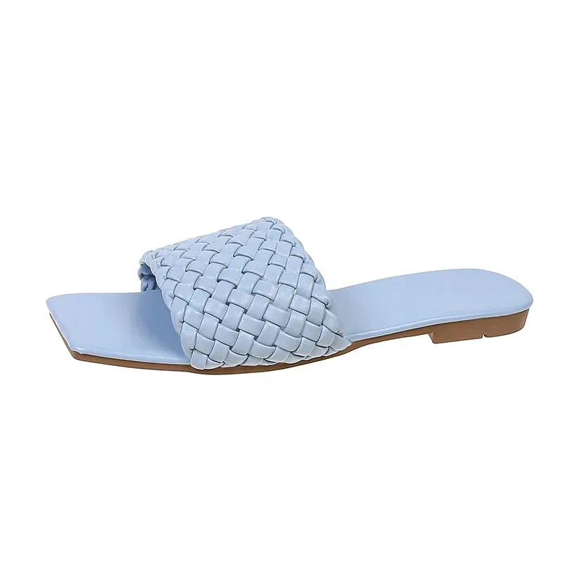 Braided Red Square Toe Flat Flip-Flops Fashion Beach Mules Casual Indoor Home Slippers