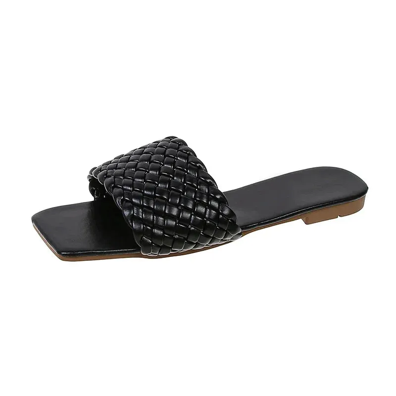 Braided Red Square Toe Flat Flip-Flops Fashion Beach Mules Casual Indoor Home Slippers