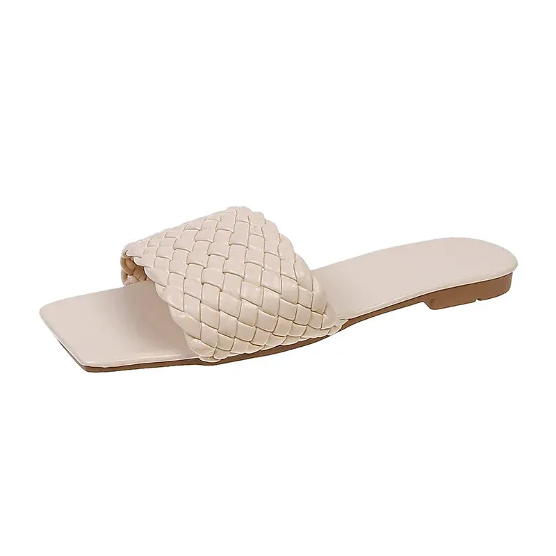 Braided Red Square Toe Flat Flip-Flops Fashion Beach Mules Casual Indoor Home Slippers