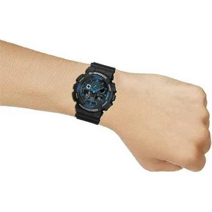 CASIO G-SHOCK ANTI-MAGNETIC (JIS 1) ANALOG DIGITAL DIAL BLACK & BLUE MEN WATCH GA-100-1A2