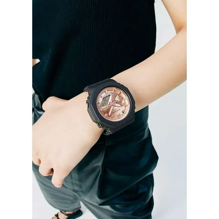 CASIO G-SHOCK MID-SIZE MODEL BLACK STRAP PINK GOLD DIAL LADIES WATCH GMA-S2100MD-1AJF