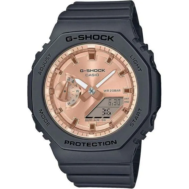 CASIO G-SHOCK MID-SIZE MODEL BLACK STRAP PINK GOLD DIAL LADIES WATCH GMA-S2100MD-1AJF
