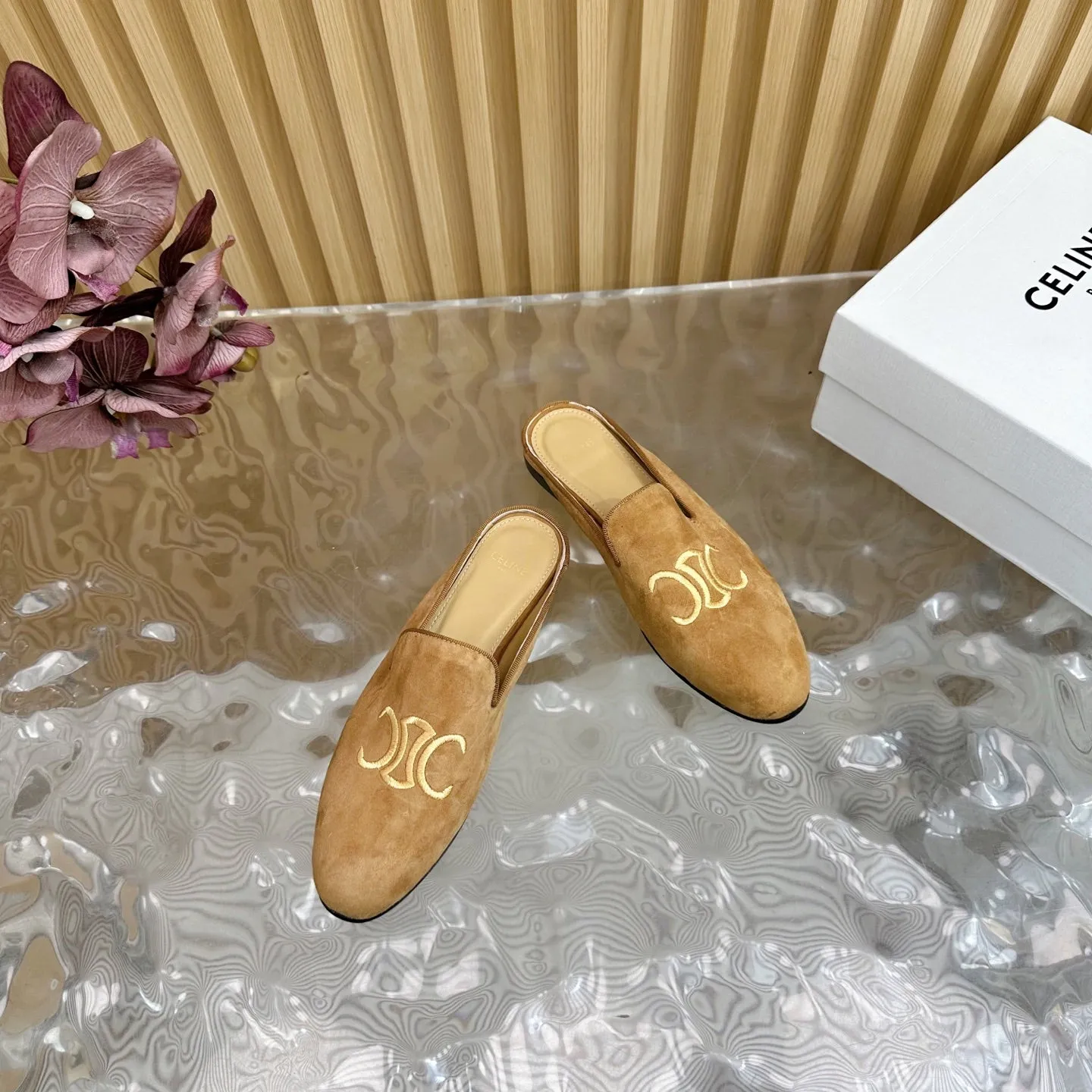 CELINE 25 Slippers Brown Suede 285916