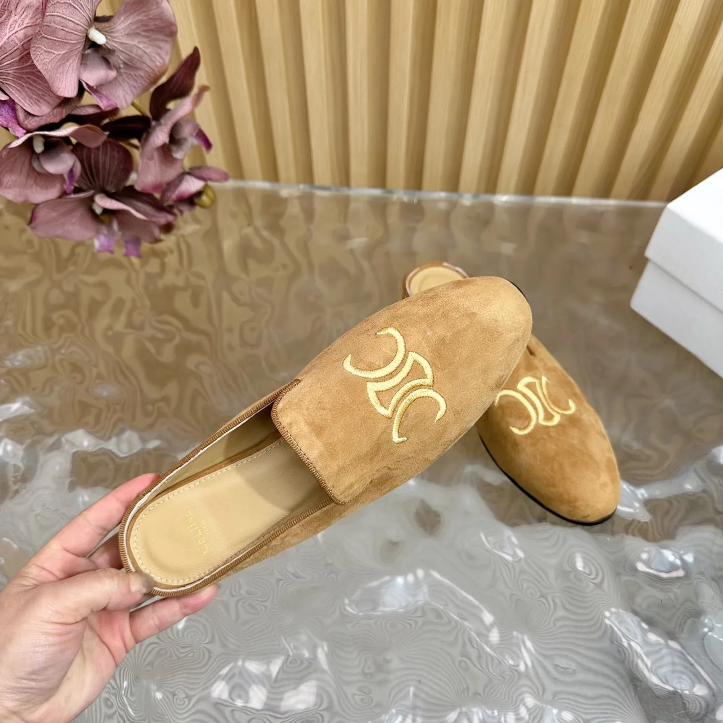 CELINE 25 Slippers Brown Suede 285916