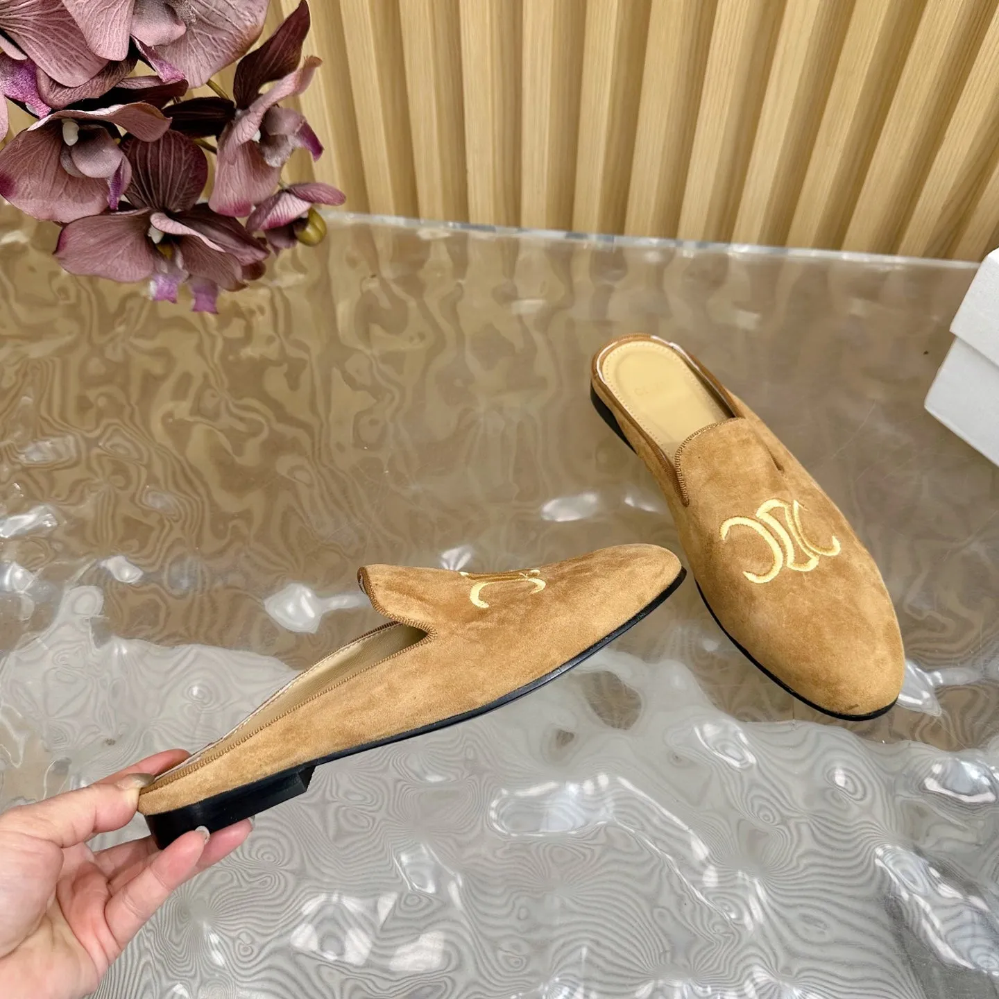 CELINE 25 Slippers Brown Suede 285916