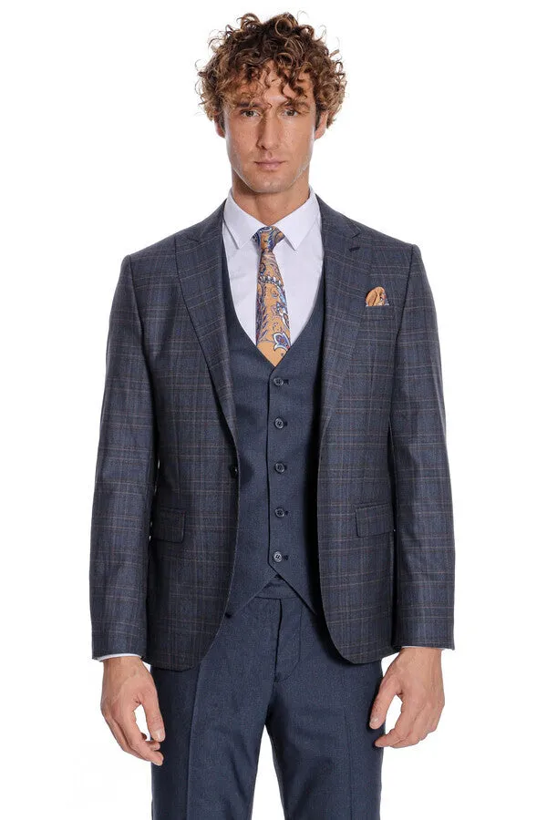 Checked Slim Fit Navy Blue Men Suit - Wessi