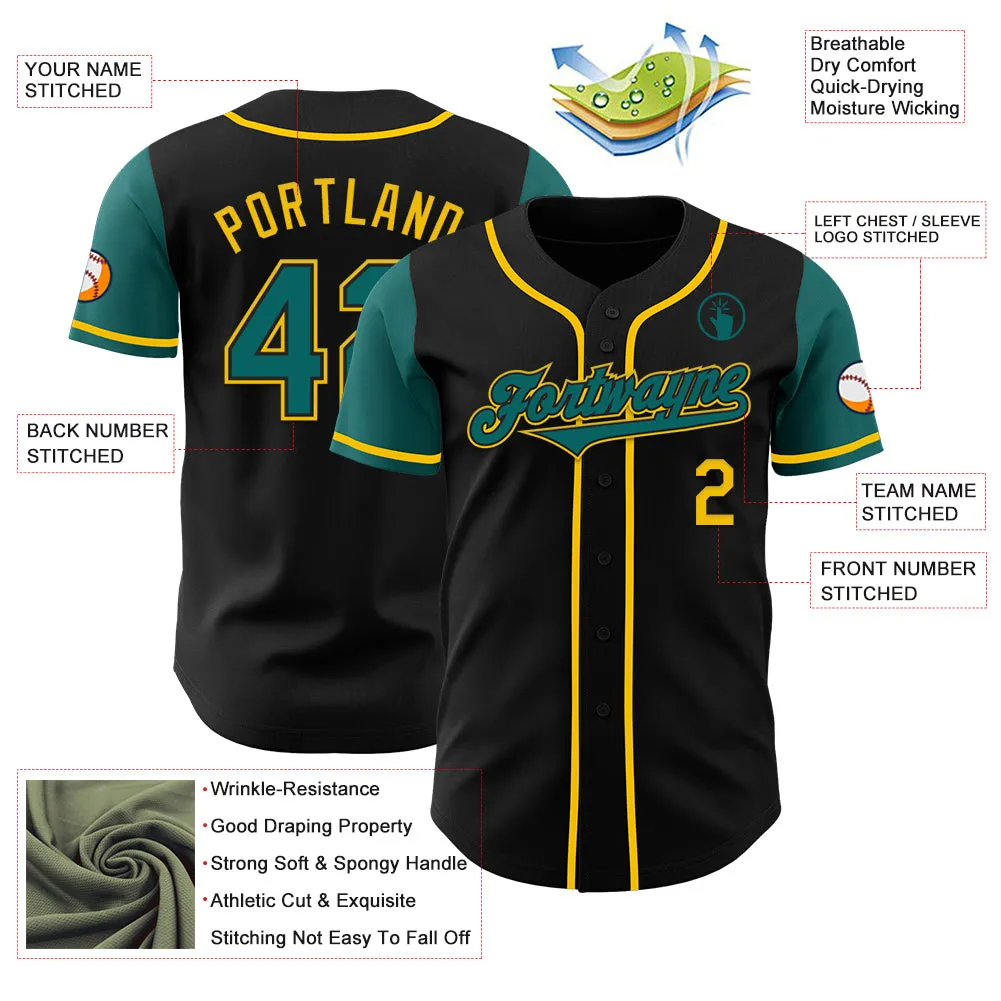 Custom Black Teal-Yellow Authentic Two Tone Baseball Jersey