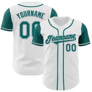 Custom White Teal-Gray Authentic Two Tone Baseball Jersey