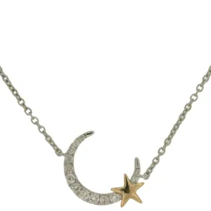 Diamond Accented Moon and Star Design Necklace