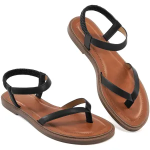 Ecetana Sandals for Women Soft Leather Strappy Flat Sandals for Women with Elastic Strap