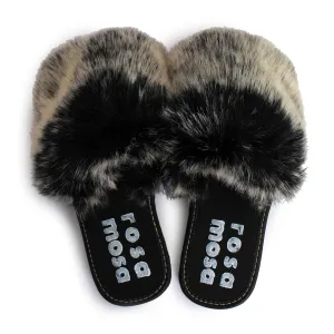 Faux Fur Slippers   Black Fox