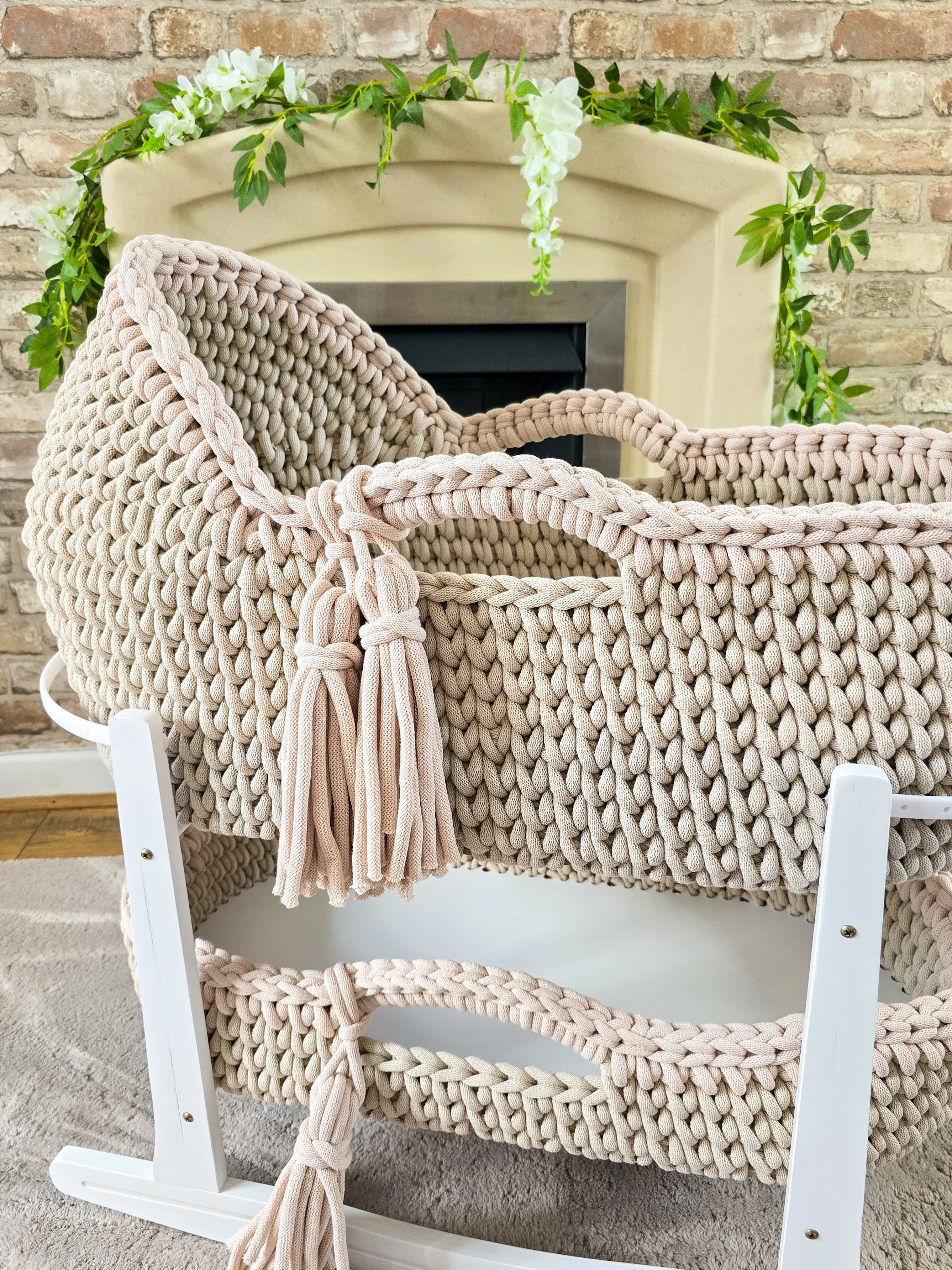 Hooded Crochet Moses Basket - Solid trim or two toned trim- Matching Changing Mat Available