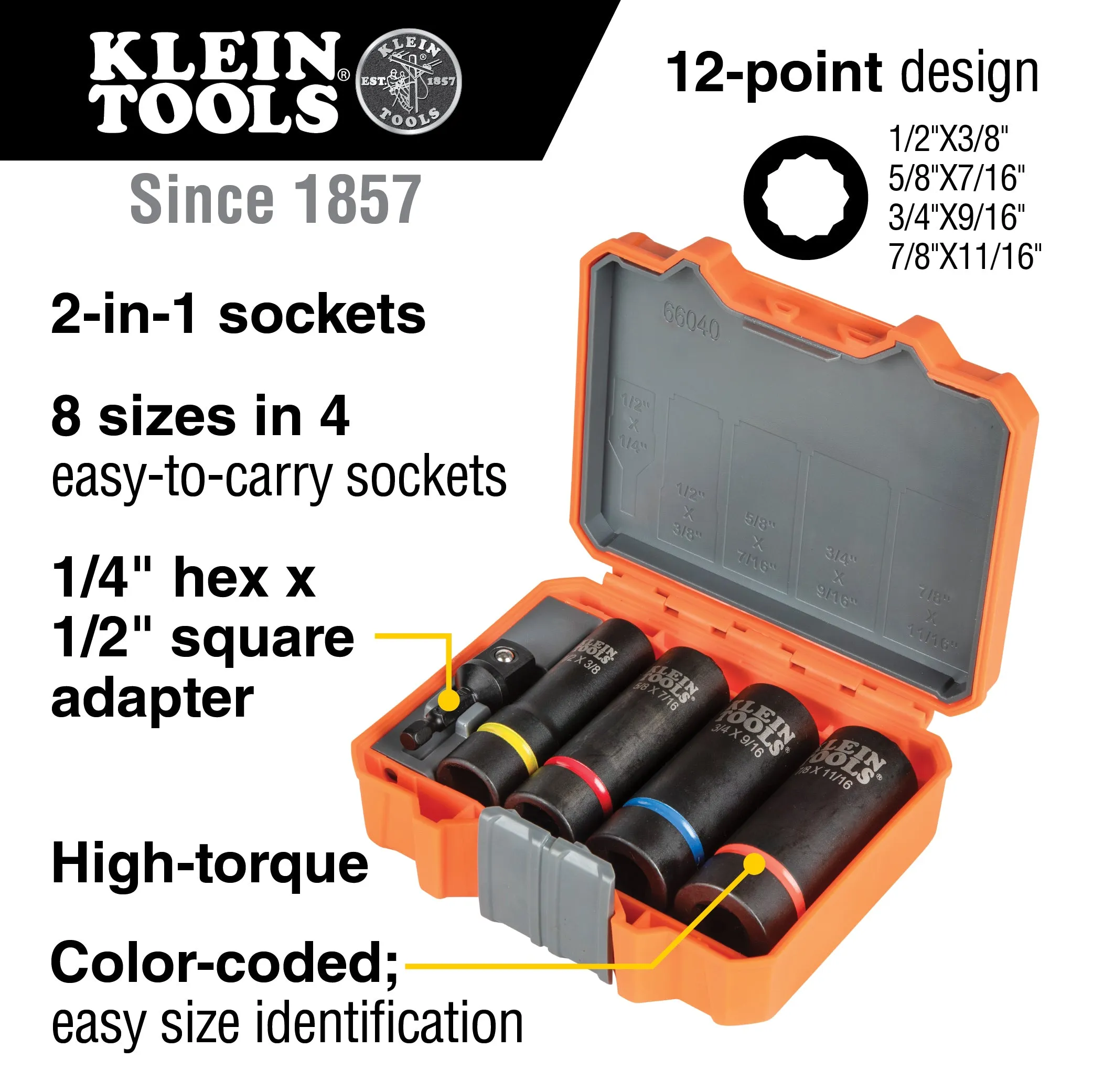 Klein 2-in-1 Impact Socket Set, 12-Point, 5-Piece