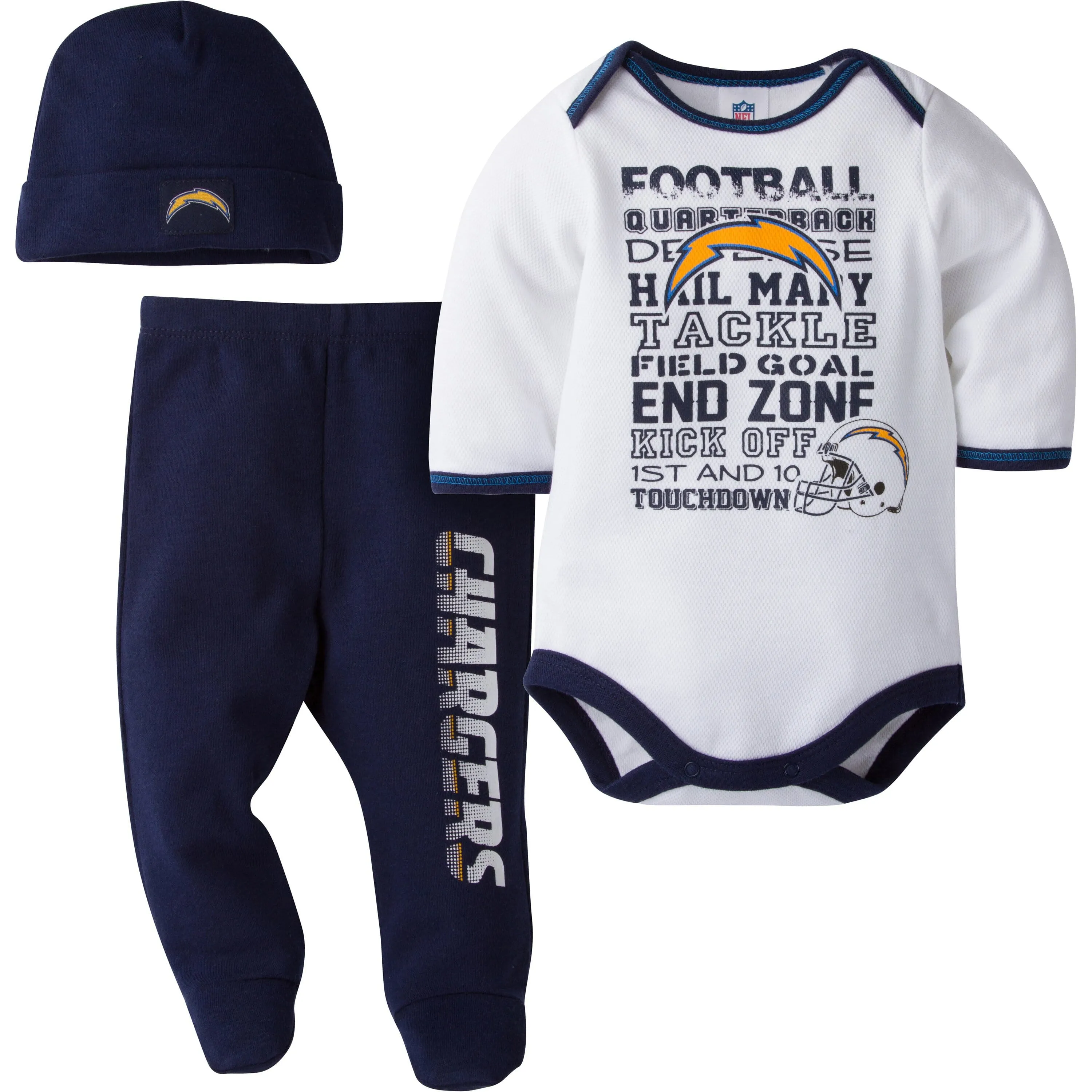 LA Chargers Baby 3 Piece Bodysuit, Pant and Cap Set