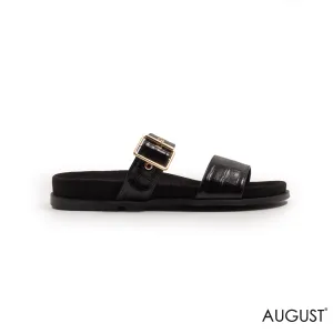 LEATHER CROC BLACK FLAT SLIPPER WITH GOLD BUCKLE