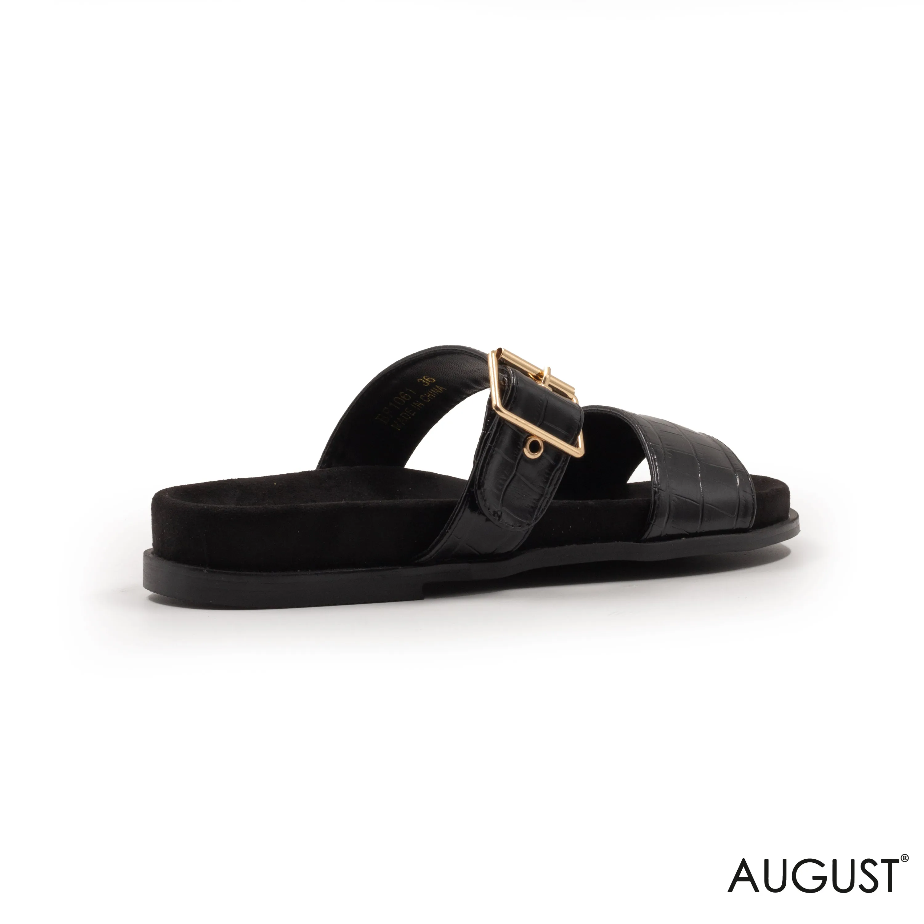 LEATHER CROC BLACK FLAT SLIPPER WITH GOLD BUCKLE