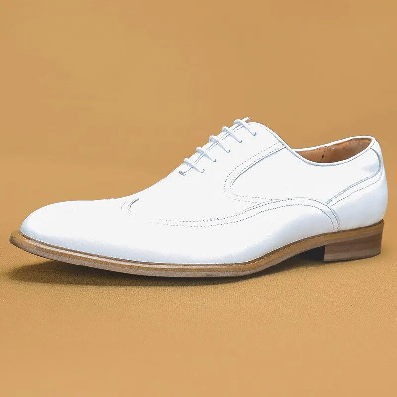 Luxury Men Oxford Shoes Lace Up Pointed Toe White Men Dress Shoes Genuine Leather Real Leather Brogue Shoes For Men