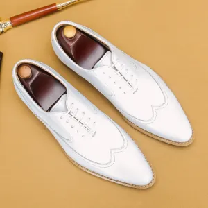 Luxury Men Oxford Shoes Lace Up Pointed Toe White Men Dress Shoes Genuine Leather Real Leather Brogue Shoes For Men