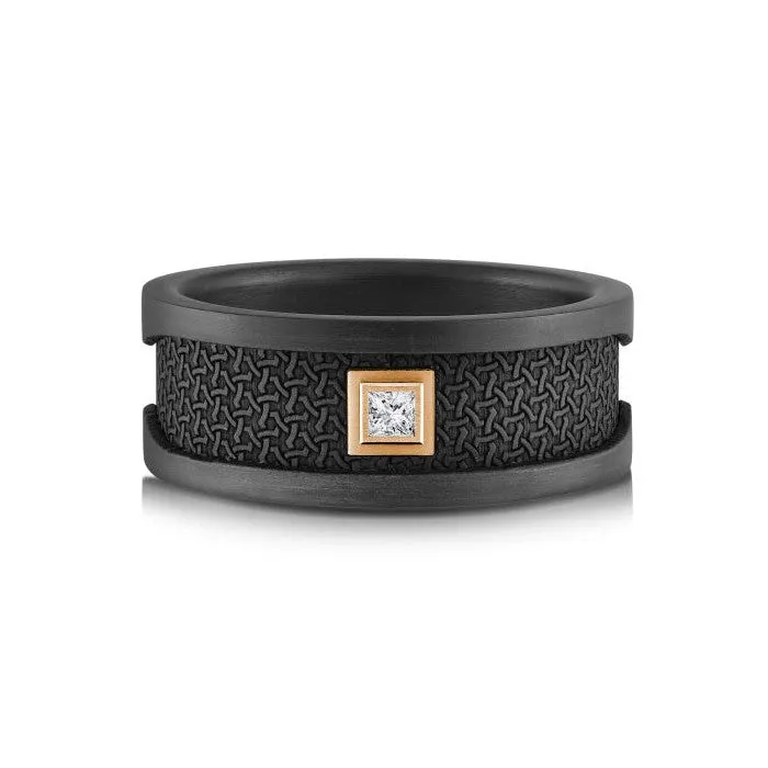 Mardini Carbon Fiber and 14K Rose Gold (0.05ct) Princess Cut Diamond Mens Band