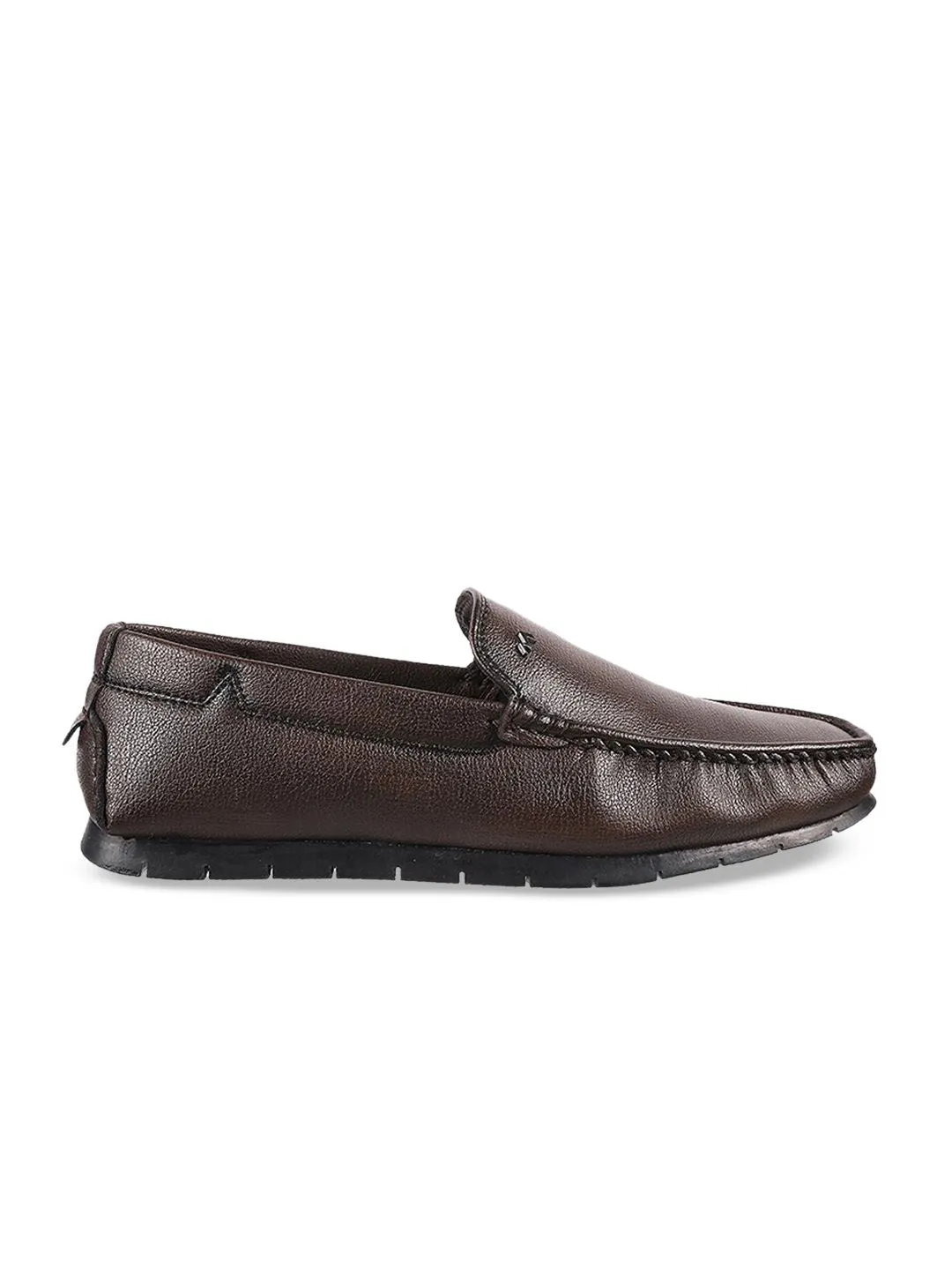 Metro Men Brown Textured Leather Slip-On Loafers