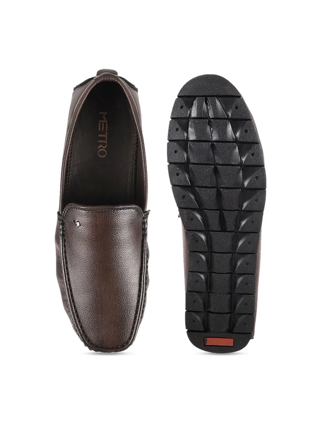 Metro Men Brown Textured Leather Slip-On Loafers