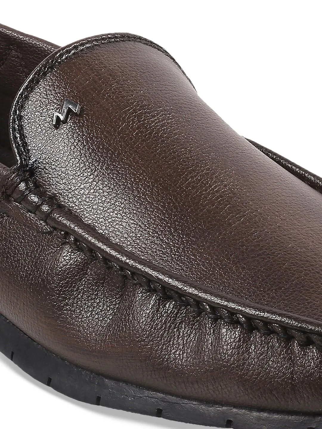 Metro Men Brown Textured Leather Slip-On Loafers