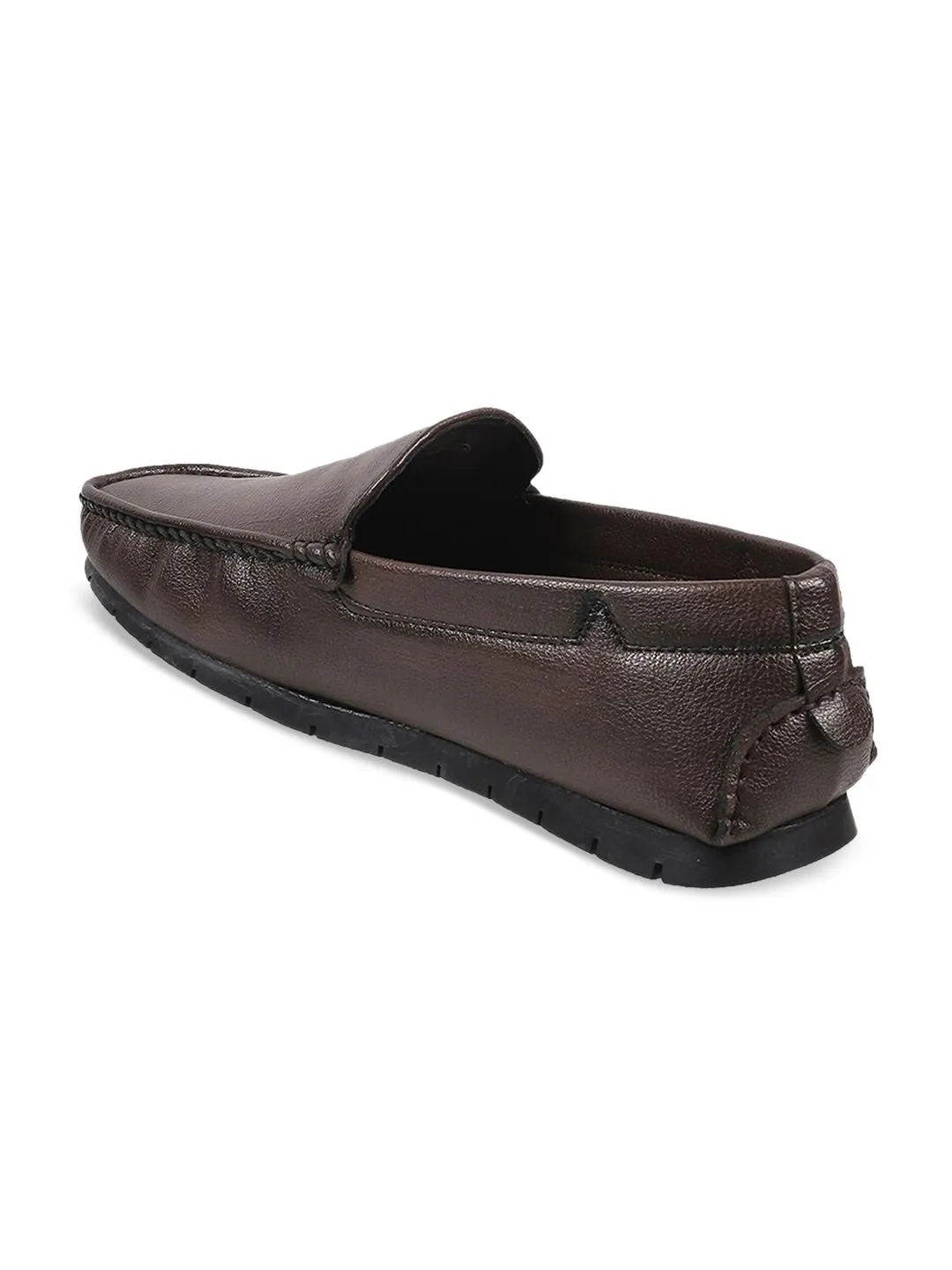 Metro Men Brown Textured Leather Slip-On Loafers