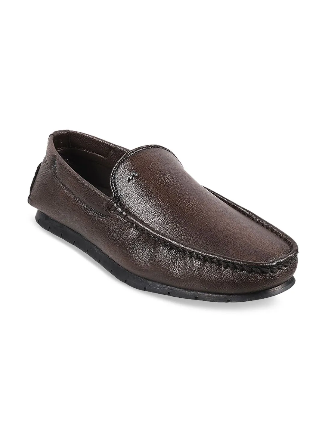 Metro Men Brown Textured Leather Slip-On Loafers