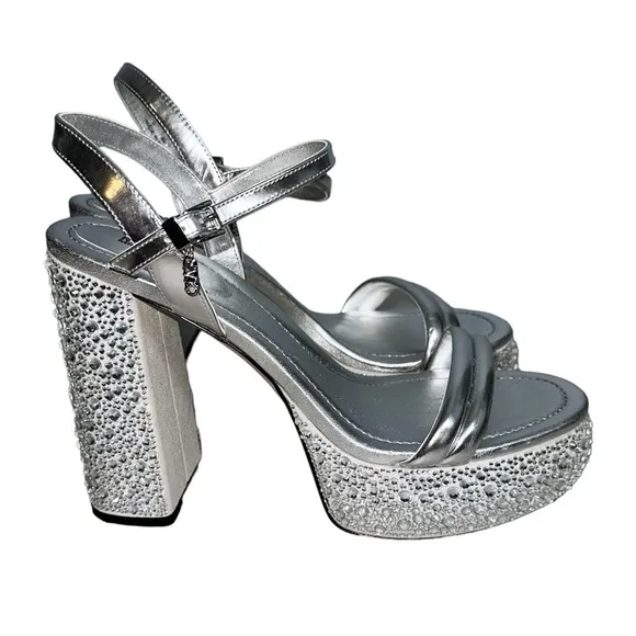 MK Michael Kors Laci Embellished Metallic Silver Leather Platform Sandal 9