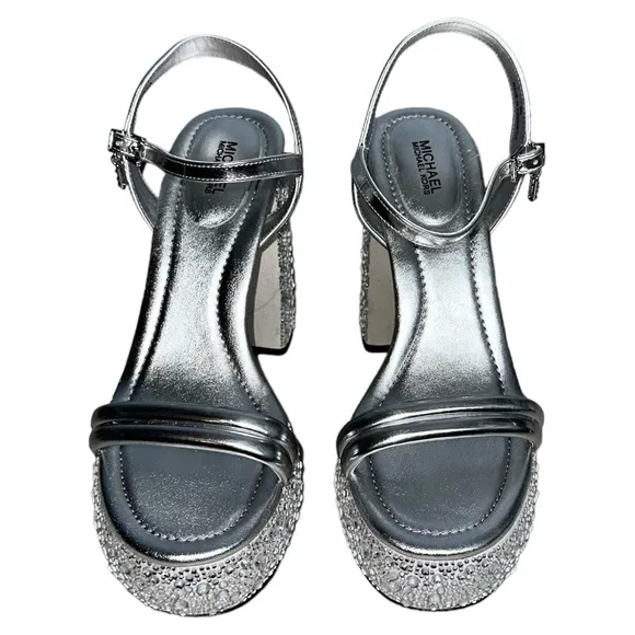 MK Michael Kors Laci Embellished Metallic Silver Leather Platform Sandal 9