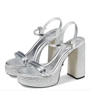 MK Michael Kors Laci Embellished Metallic Silver Leather Platform Sandal 9