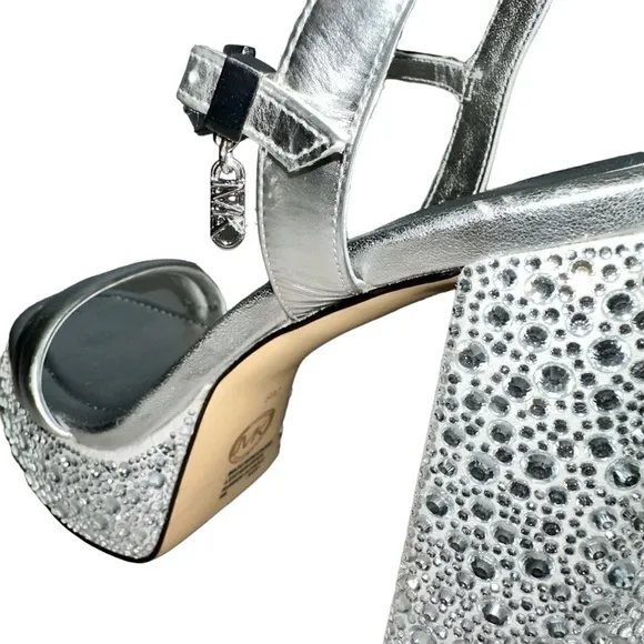 MK Michael Kors Laci Embellished Metallic Silver Leather Platform Sandal 9