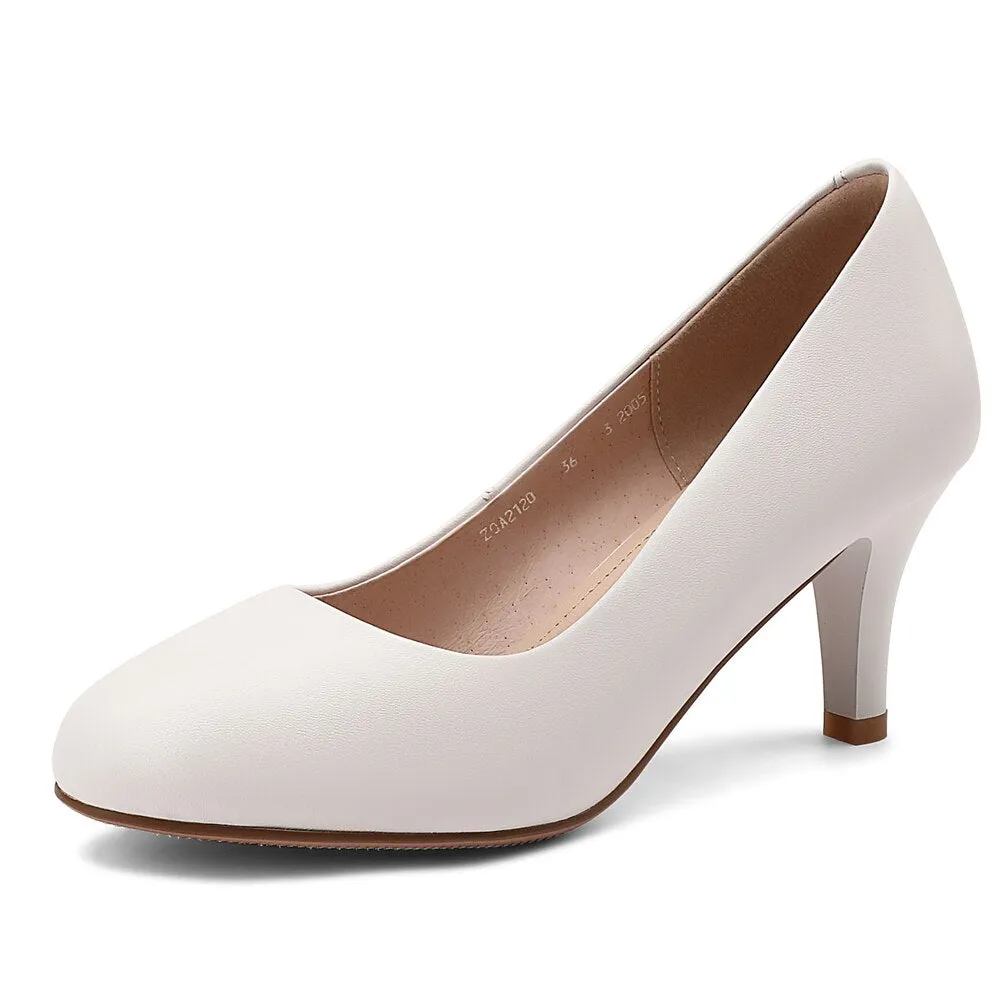 New Genuine Leather Women Round Toe Dress Pumps Office Elegant High Heels Fashion Black Work Shoes Plus Size For Ladies A0010