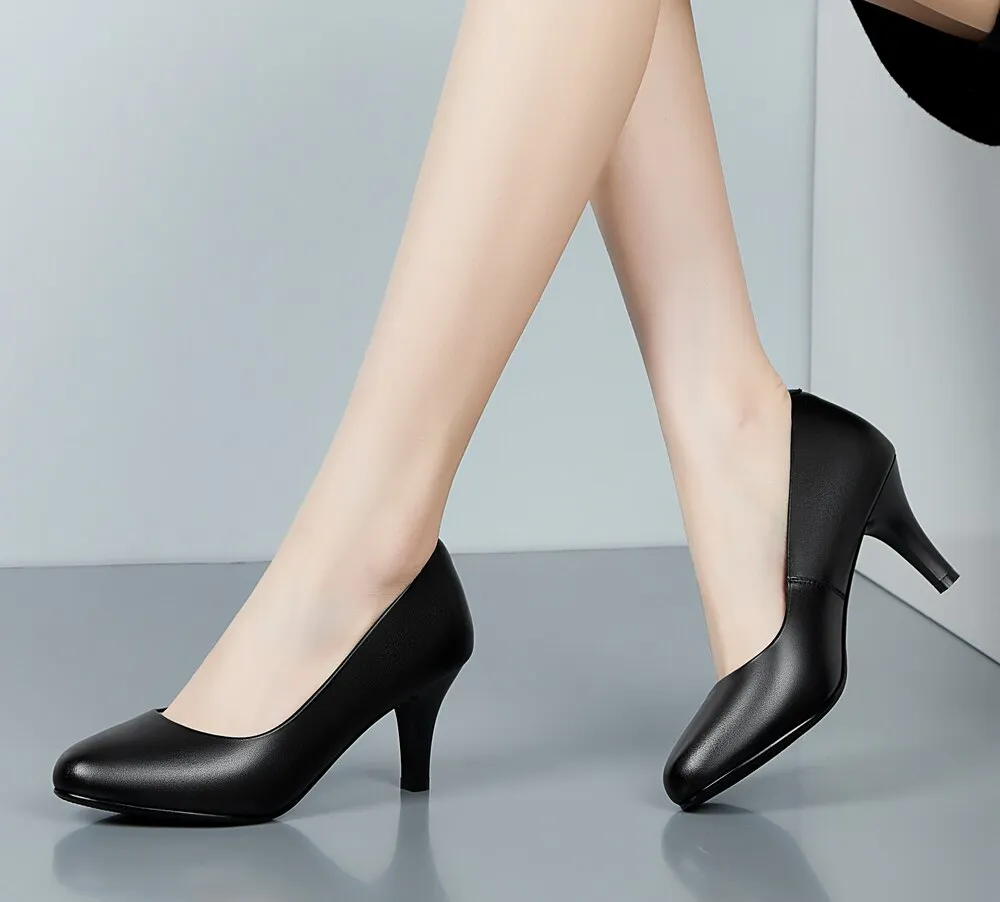 New Genuine Leather Women Round Toe Dress Pumps Office Elegant High Heels Fashion Black Work Shoes Plus Size For Ladies A0010