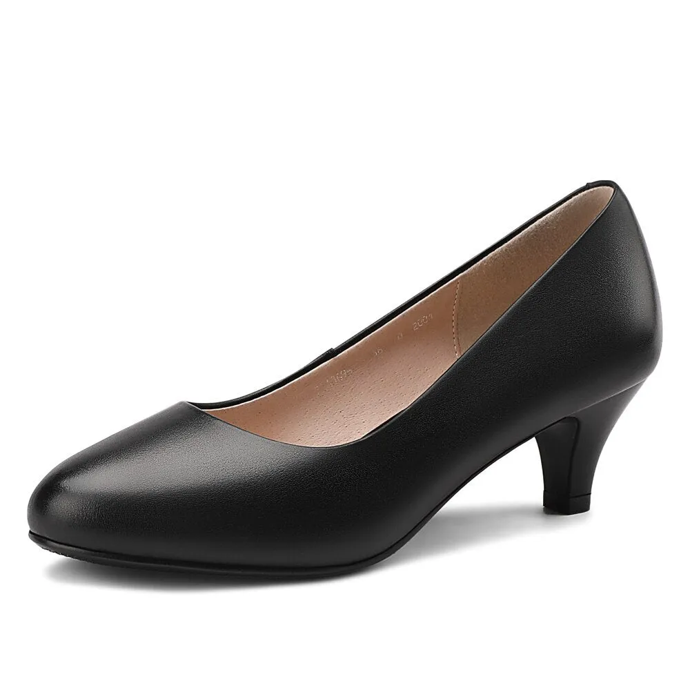 New Genuine Leather Women Round Toe Dress Pumps Office Elegant High Heels Fashion Black Work Shoes Plus Size For Ladies A0010