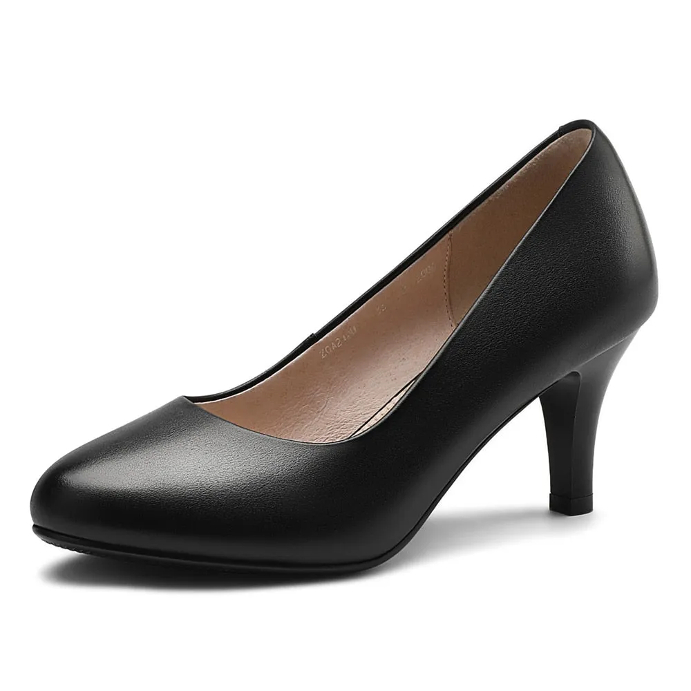 New Genuine Leather Women Round Toe Dress Pumps Office Elegant High Heels Fashion Black Work Shoes Plus Size For Ladies A0010