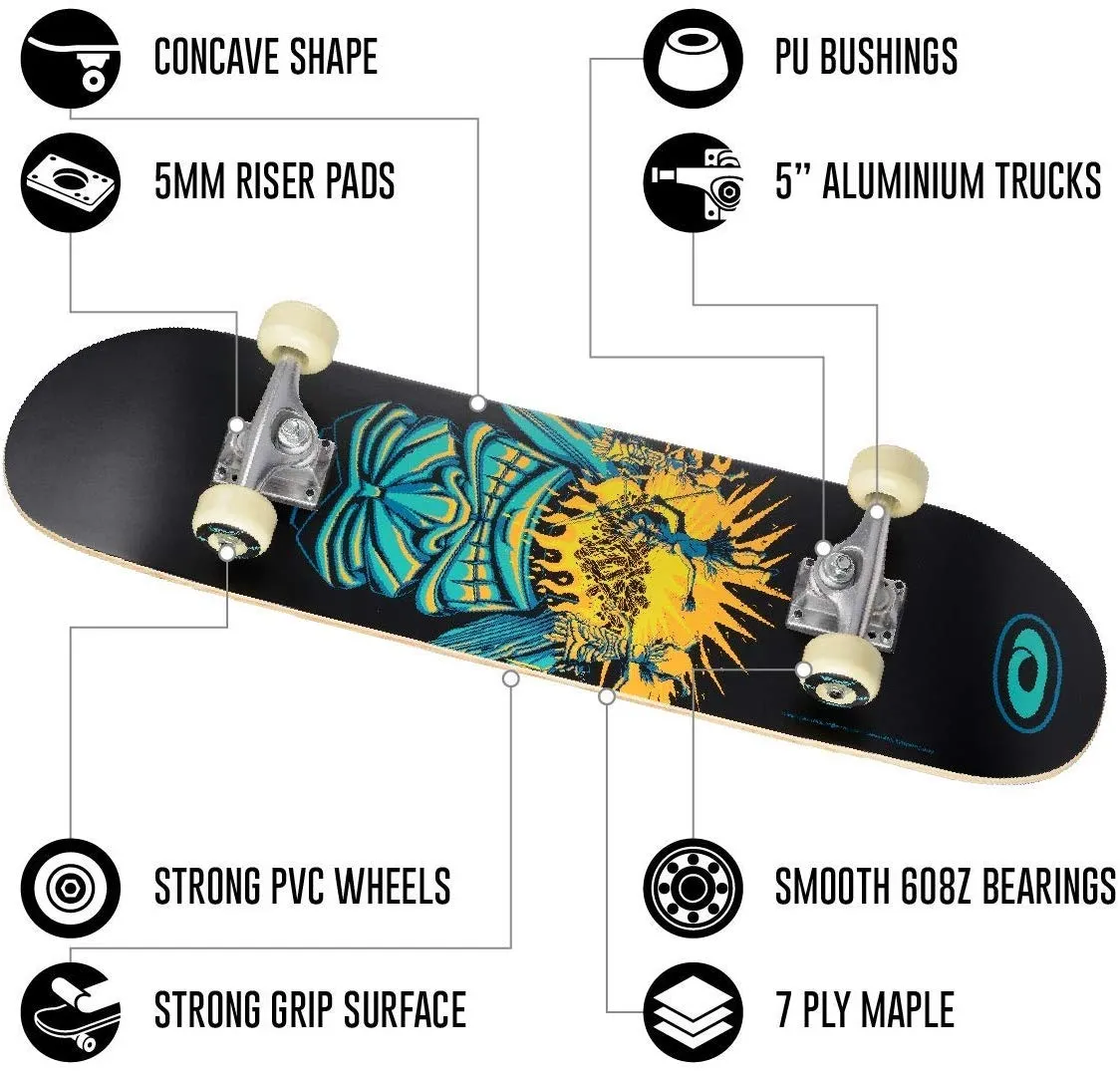 Osprey Beginners Double Kick Trick Skateboard - Savages (Black Tribal Design)