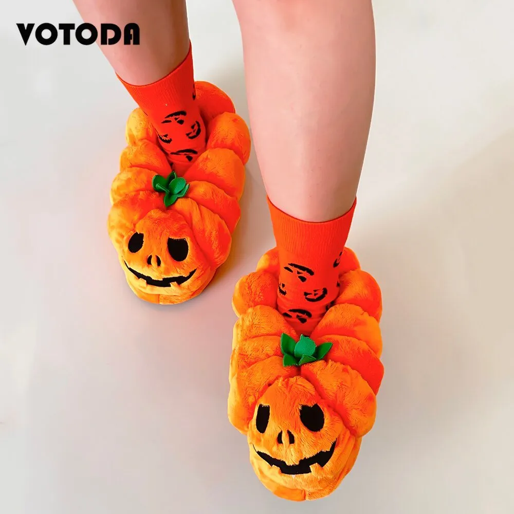 Pumpkin Teddy Bear Plush Slippers: Winter Indoor Footwear